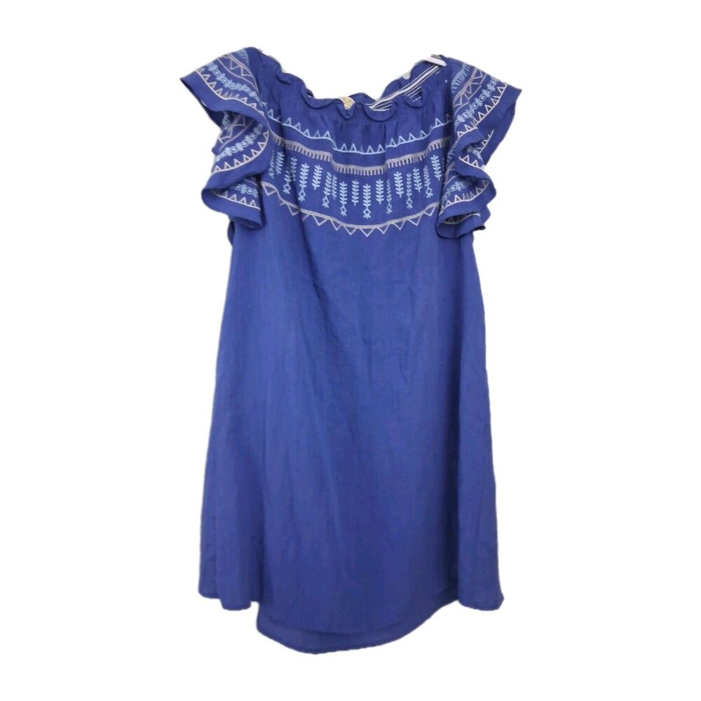 Kori America Womens Linen Blend Dress Boho Aztec Beach Ruffle Sleeve Blue Medium
